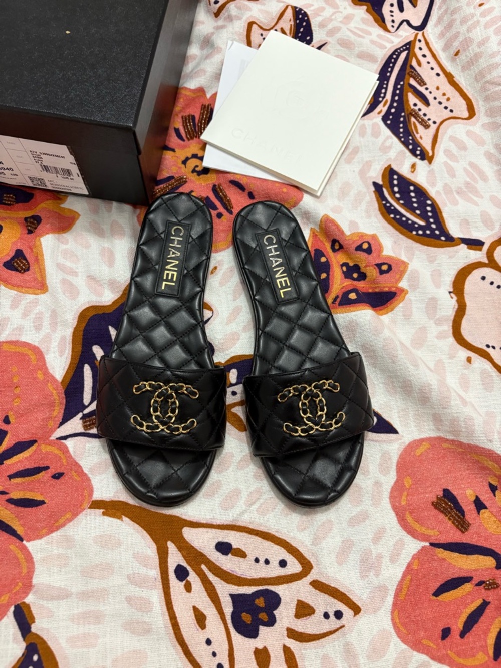 Chanel Black Quilted Mule Sandals With Gold Chain CC Size 37.5